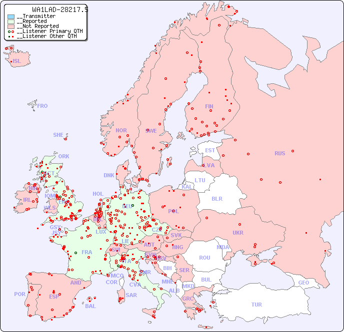 __European Reception Map for WA1LAD-28217.5