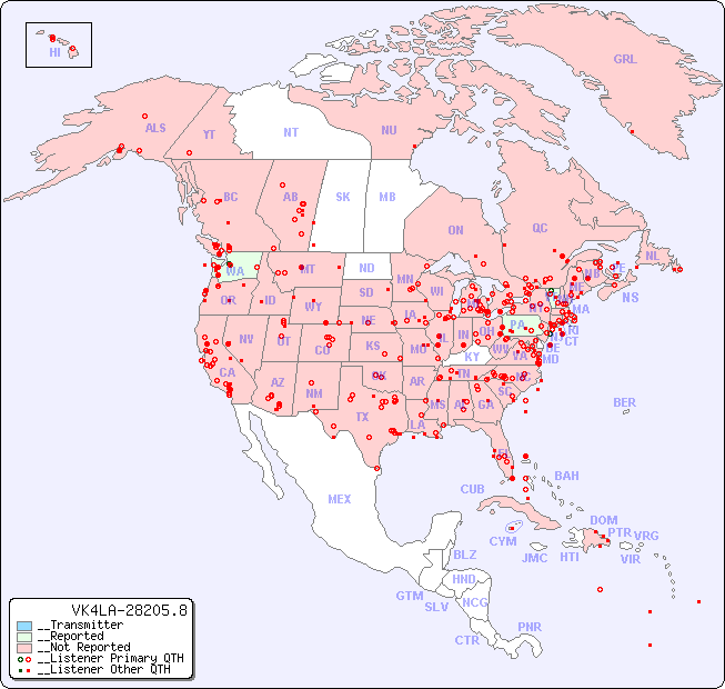 __North American Reception Map for VK4LA-28205.8