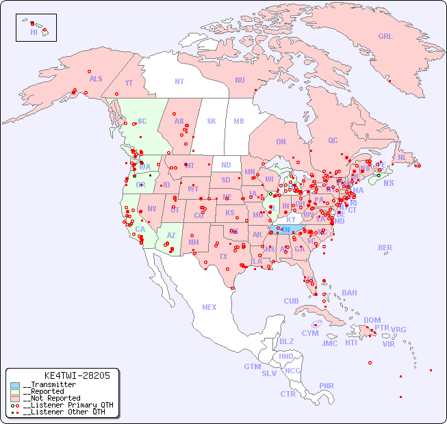 __North American Reception Map for KE4TWI-28205