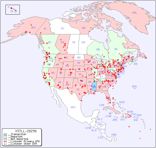 __North American Reception Map for K5TLL-28298