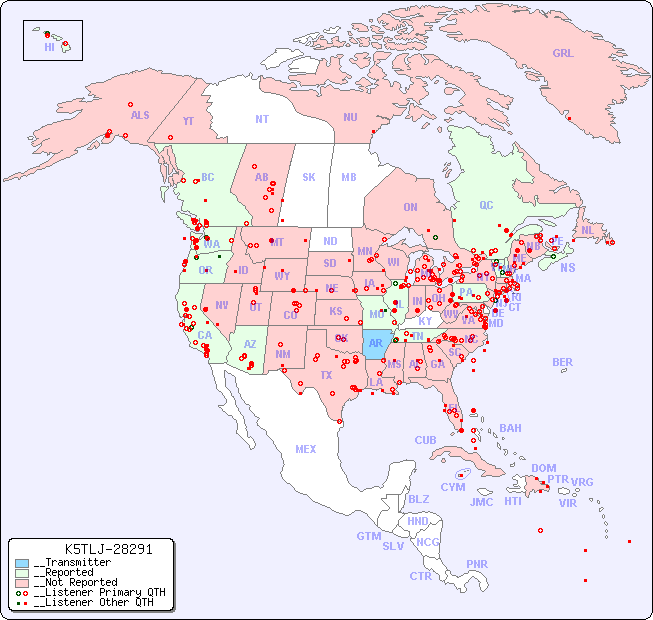 __North American Reception Map for K5TLJ-28291