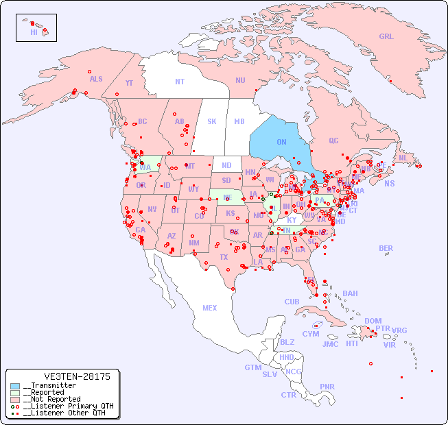 __North American Reception Map for VE3TEN-28175