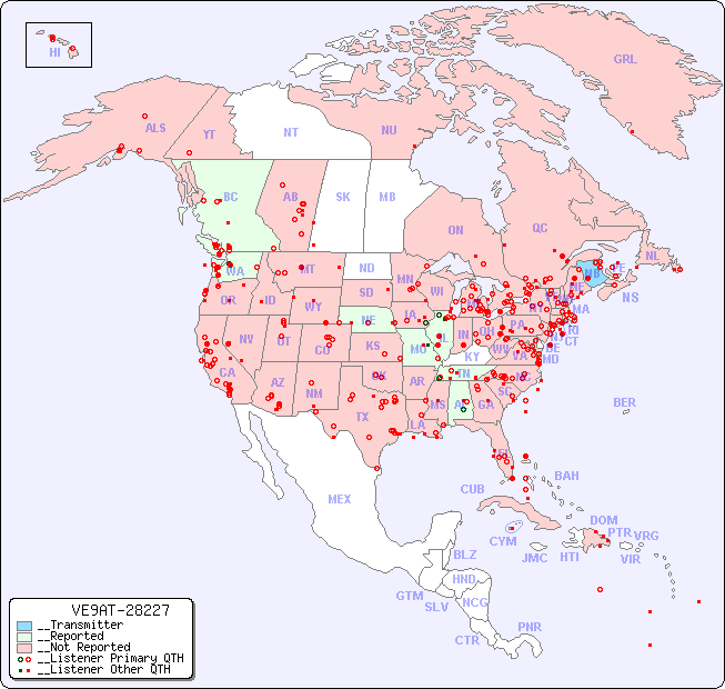 __North American Reception Map for VE9AT-28227