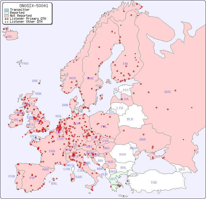 European Reception Map for ON0SIX-50041