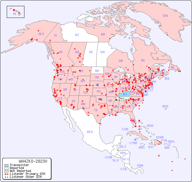 North American Reception Map for WA4ZKO-28230