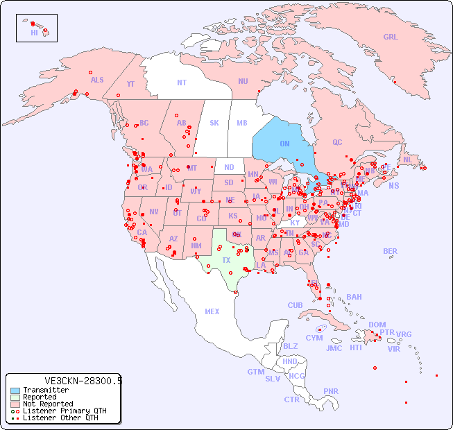 North American Reception Map for VE3CKN-28300.5
