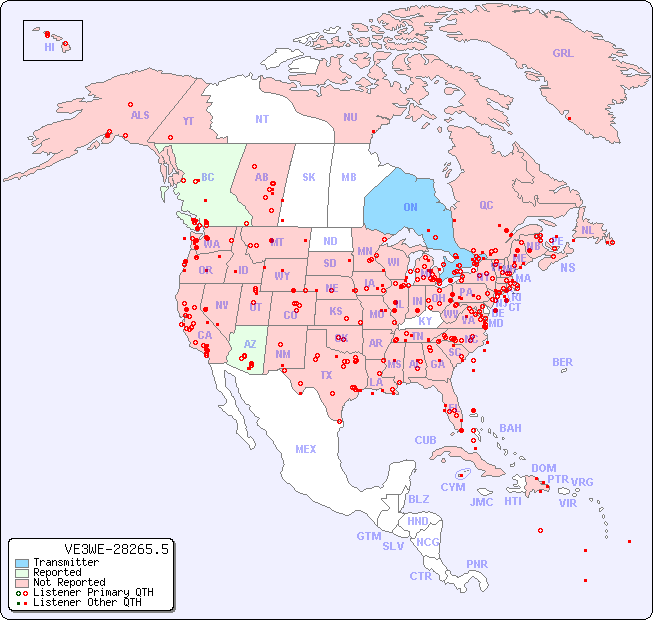 North American Reception Map for VE3WE-28265.5