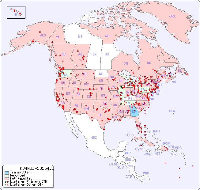 North American Reception Map for KD4AOZ-28264.5