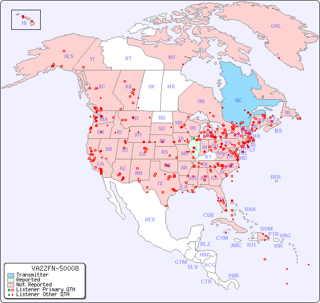 North American Reception Map for VA2ZFN-50008