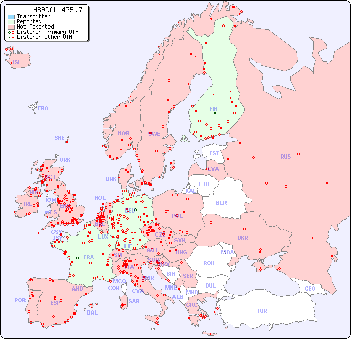 European Reception Map for HB9CAU-475.7