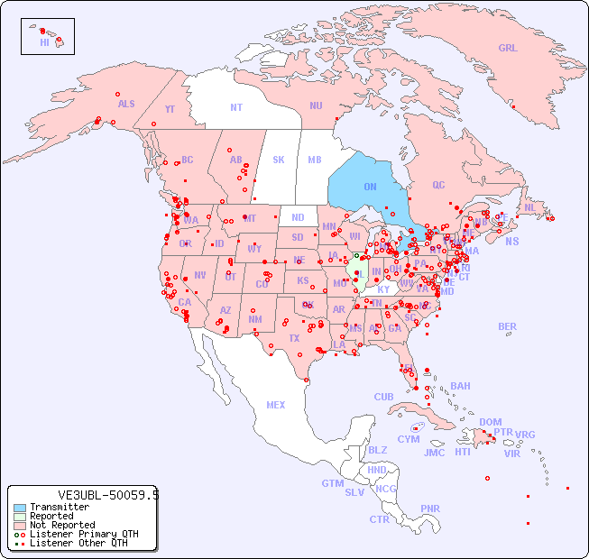 North American Reception Map for VE3UBL-50059.5