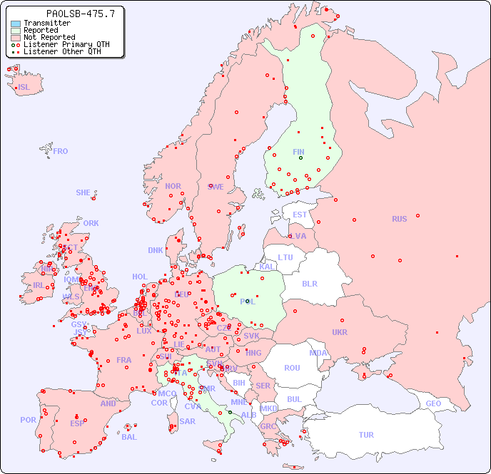 European Reception Map for PA0LSB-475.7