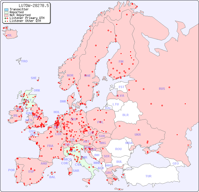 European Reception Map for LU7DW-28278.5
