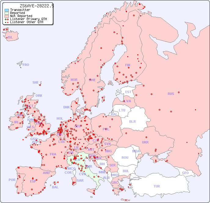 European Reception Map for ZS6AYE-28222.5