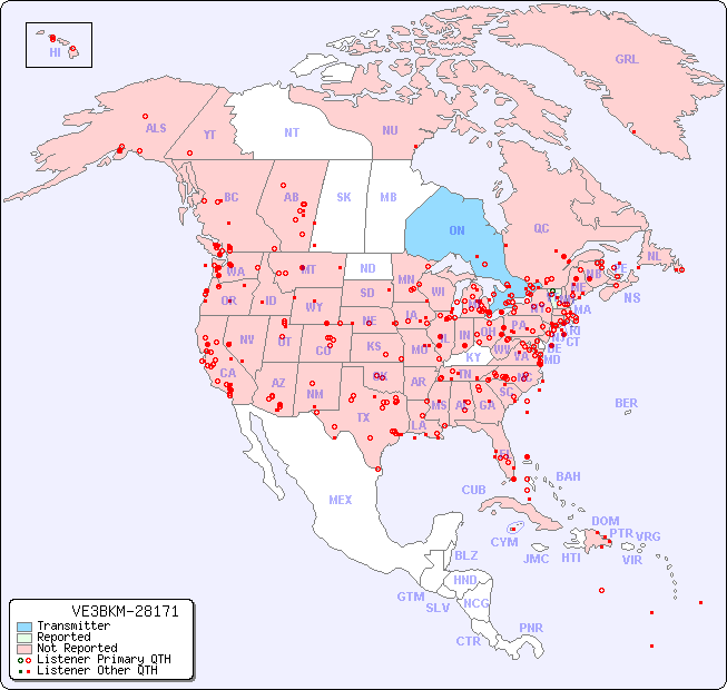 North American Reception Map for VE3BKM-28171