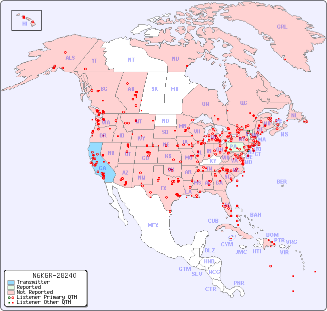 North American Reception Map for N6KGR-28240