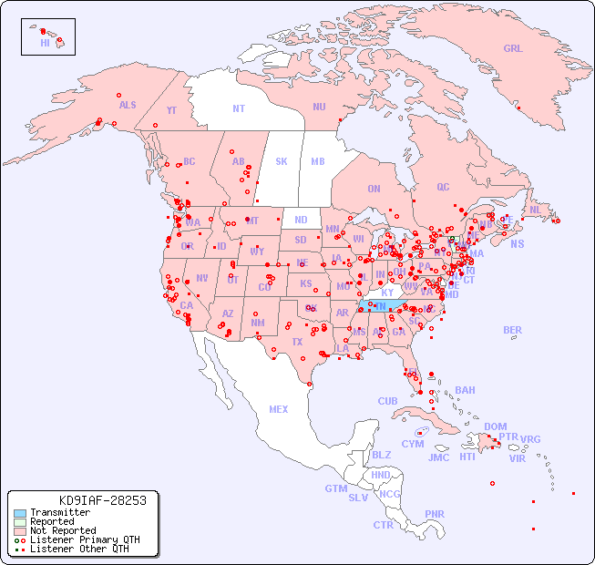 North American Reception Map for KD9IAF-28253