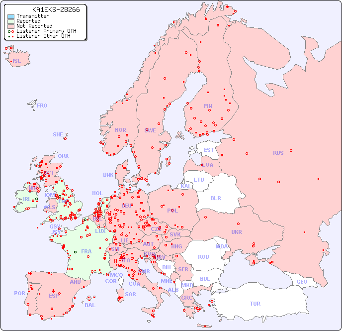 European Reception Map for KA1EKS-28266