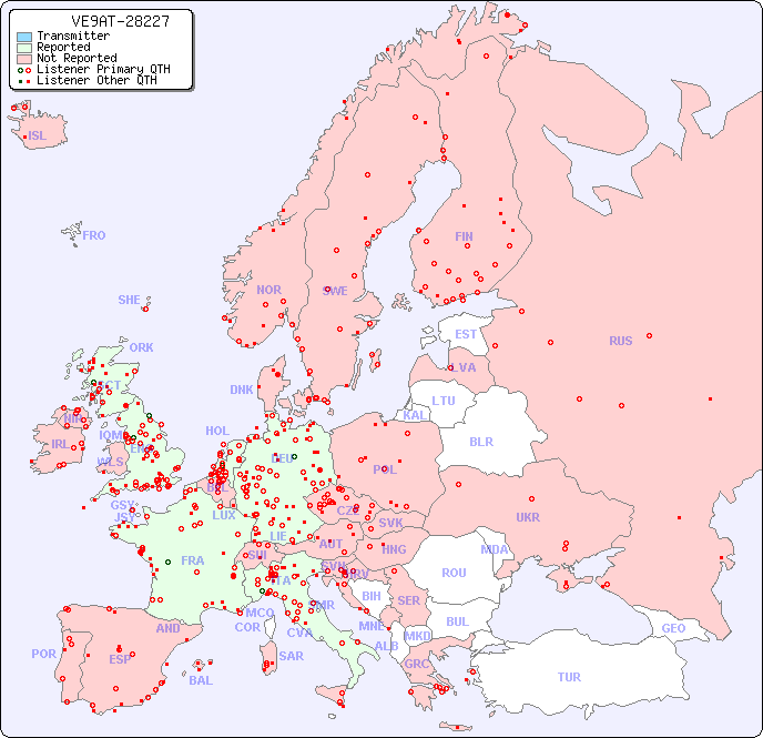 European Reception Map for VE9AT-28227