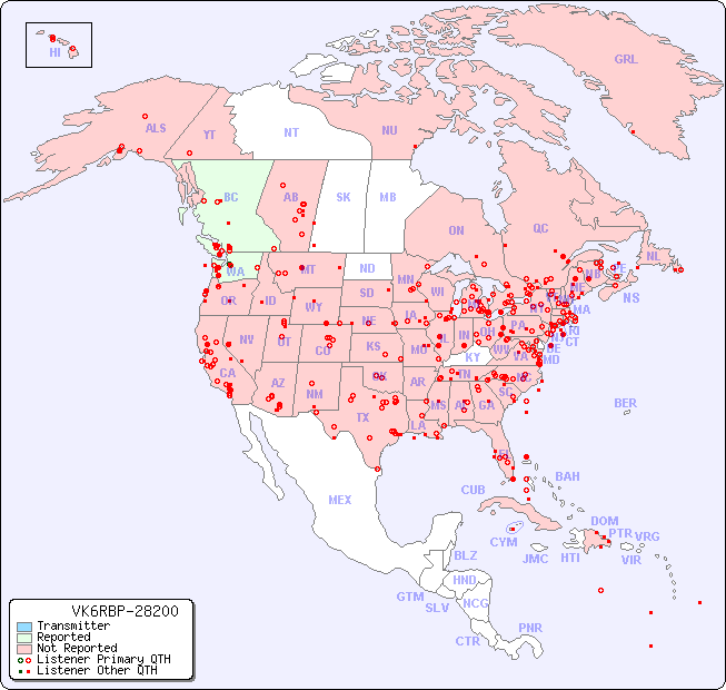 North American Reception Map for VK6RBP-28200