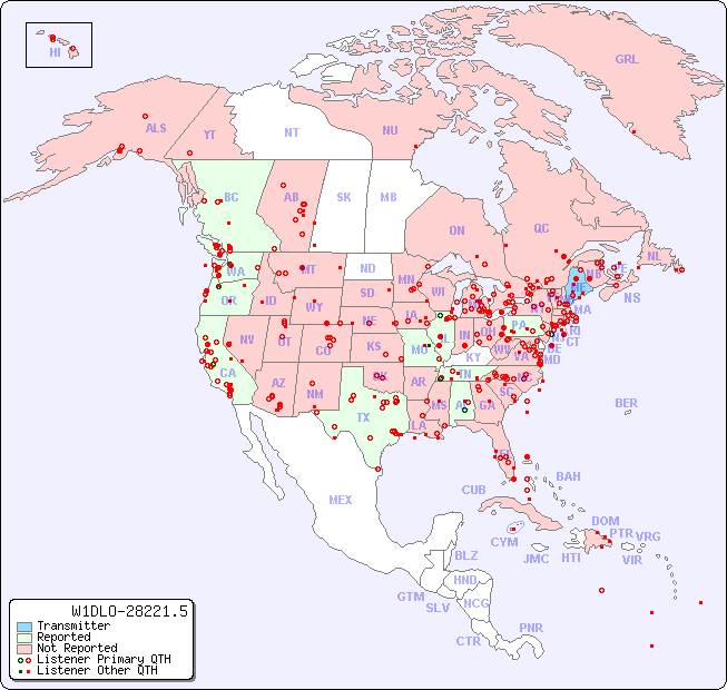 North American Reception Map for W1DLO-28221.5