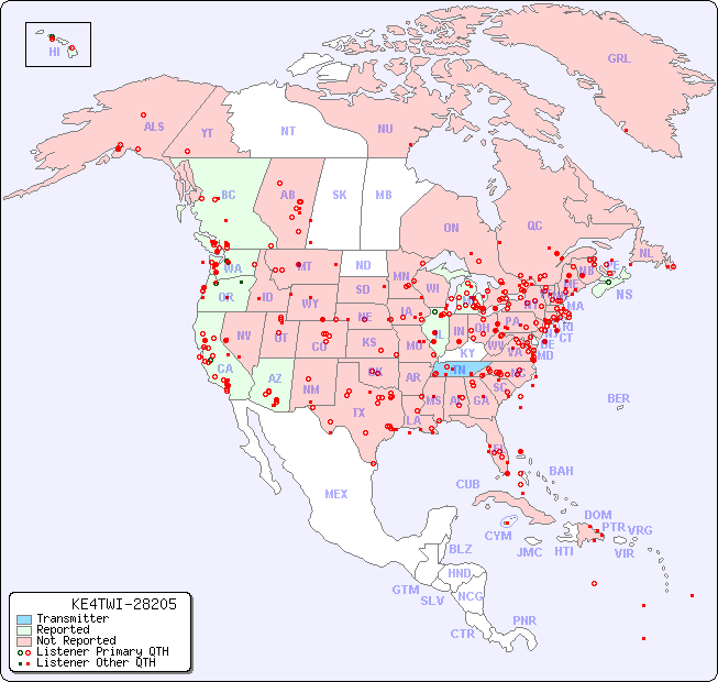 North American Reception Map for KE4TWI-28205