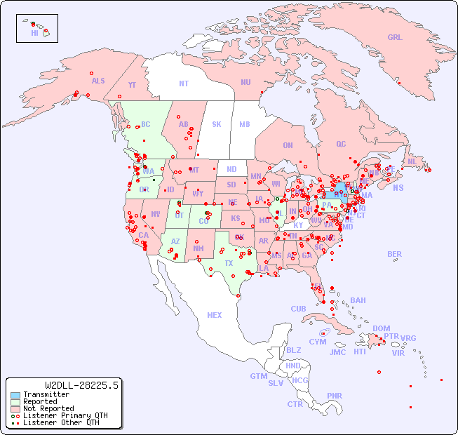 North American Reception Map for W2DLL-28225.5