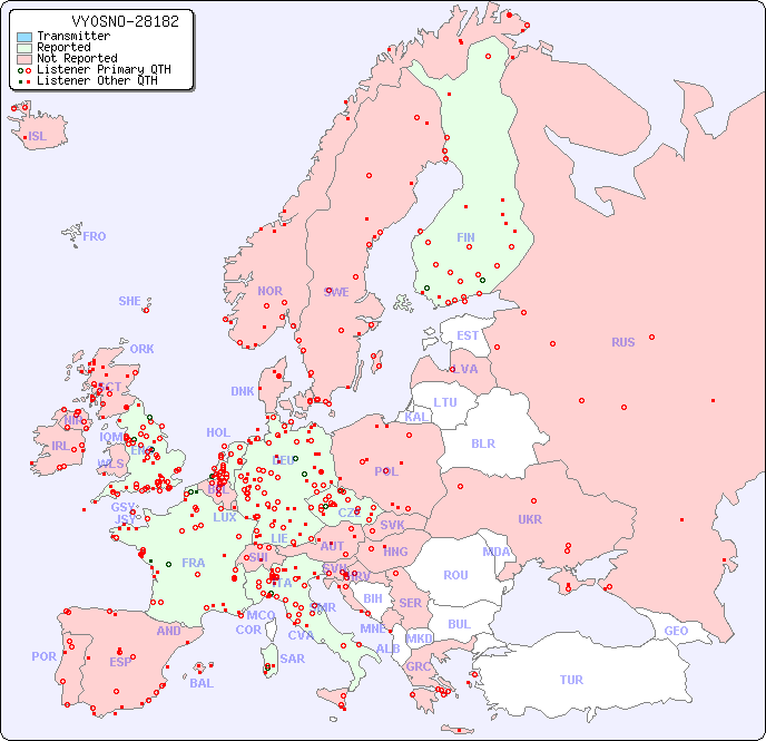 European Reception Map for VY0SNO-28182