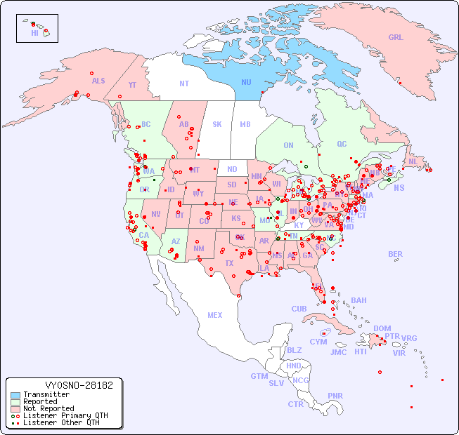 North American Reception Map for VY0SNO-28182