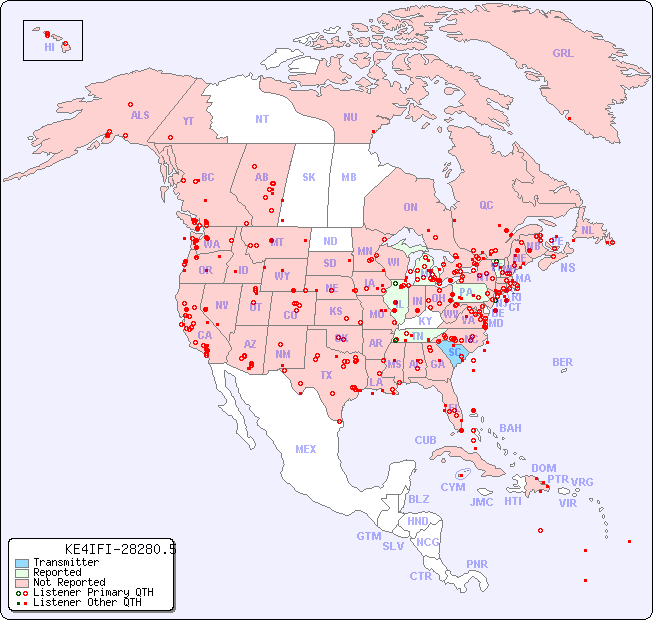 North American Reception Map for KE4IFI-28280.5
