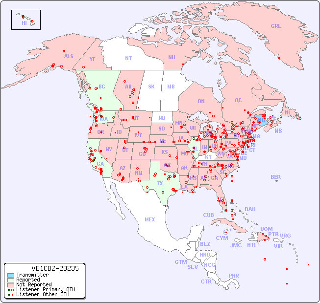 North American Reception Map for VE1CBZ-28235