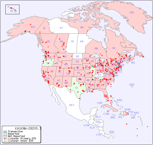 North American Reception Map for KA1KNW-28205.5