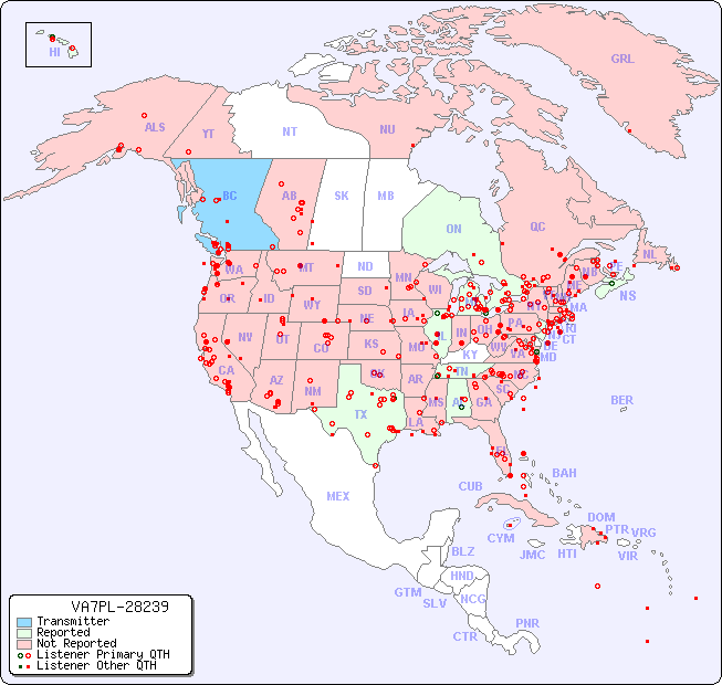 North American Reception Map for VA7PL-28239