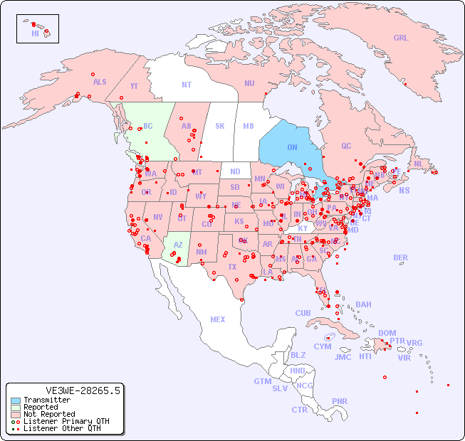 North American Reception Map for VE3WE-28265.5