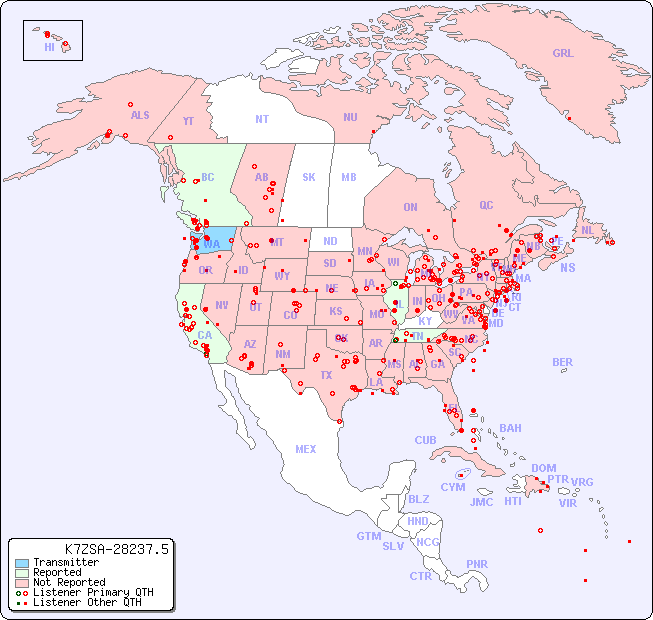 North American Reception Map for K7ZSA-28237.5