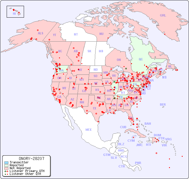 North American Reception Map for ON0RY-28207