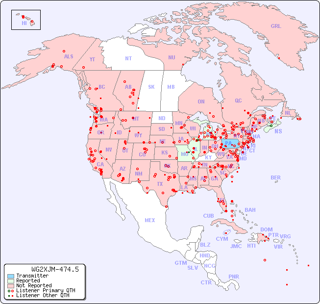 North American Reception Map for WG2XJM-474.5