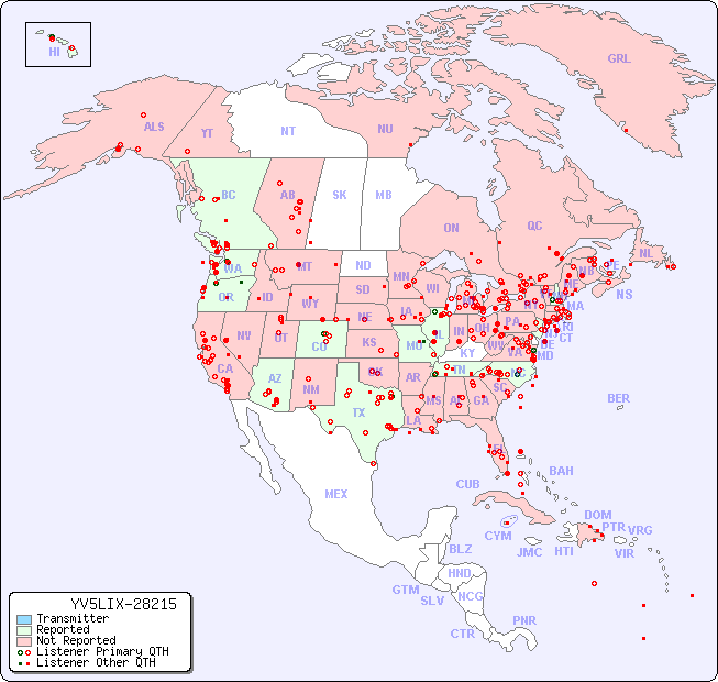 North American Reception Map for YV5LIX-28215