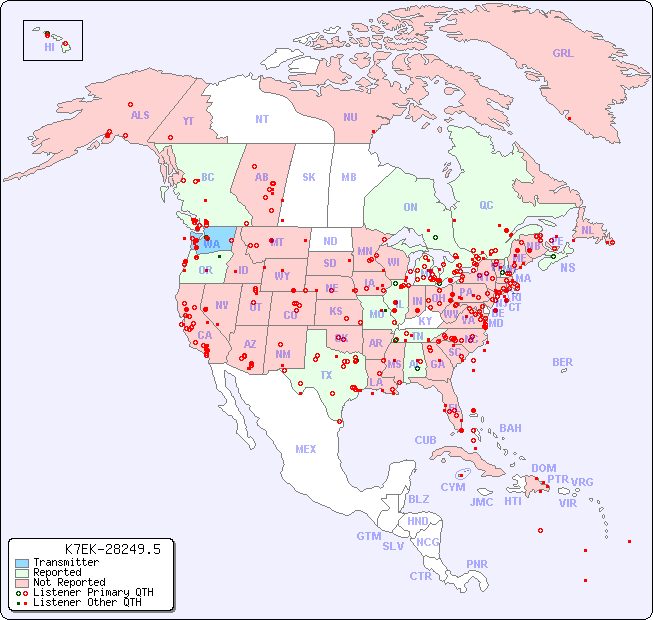 North American Reception Map for K7EK-28249.5