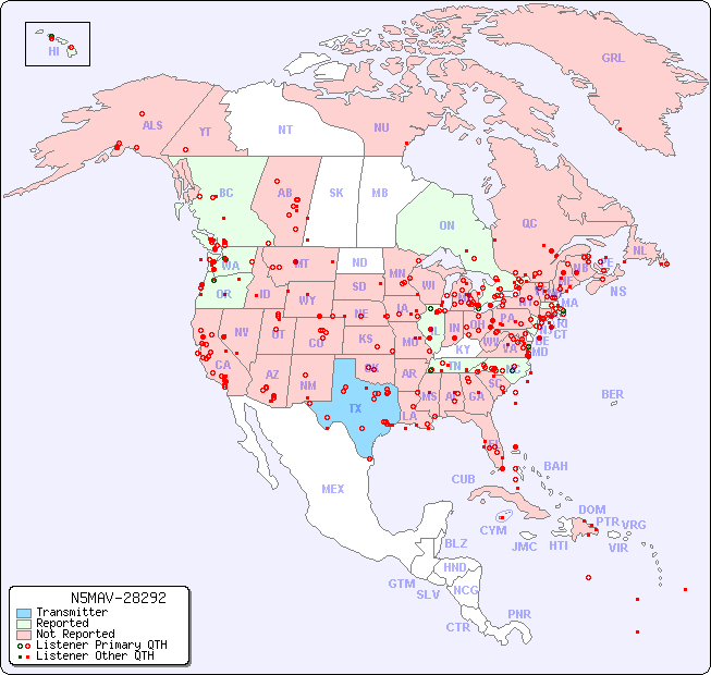 North American Reception Map for N5MAV-28292