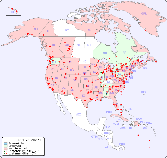 North American Reception Map for OZ7IGY-28271