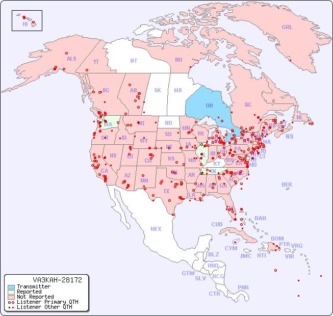 North American Reception Map for VA3KAH-28172