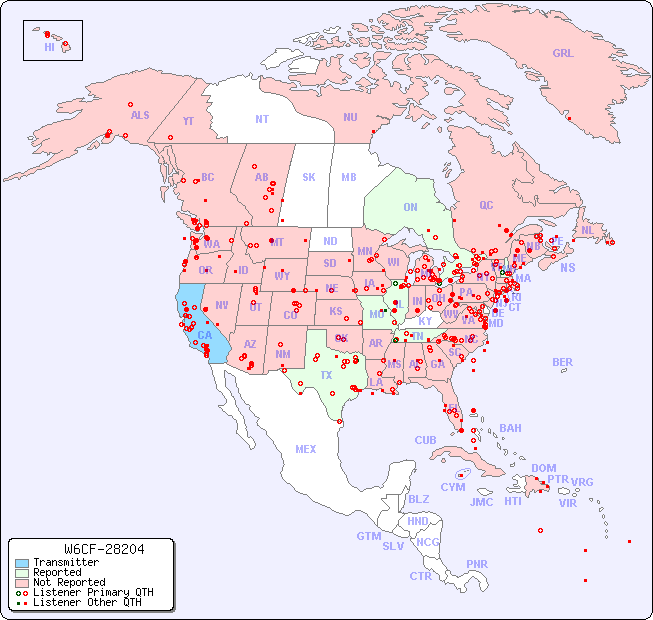 North American Reception Map for W6CF-28204
