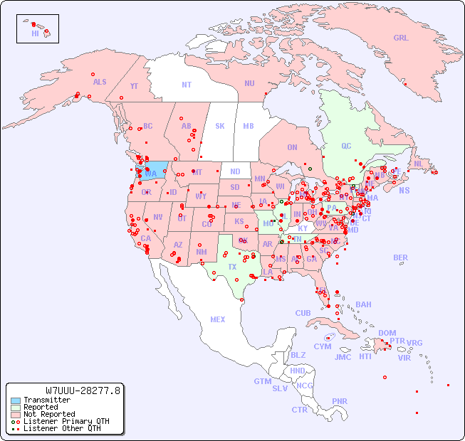 North American Reception Map for W7UUU-28277.8