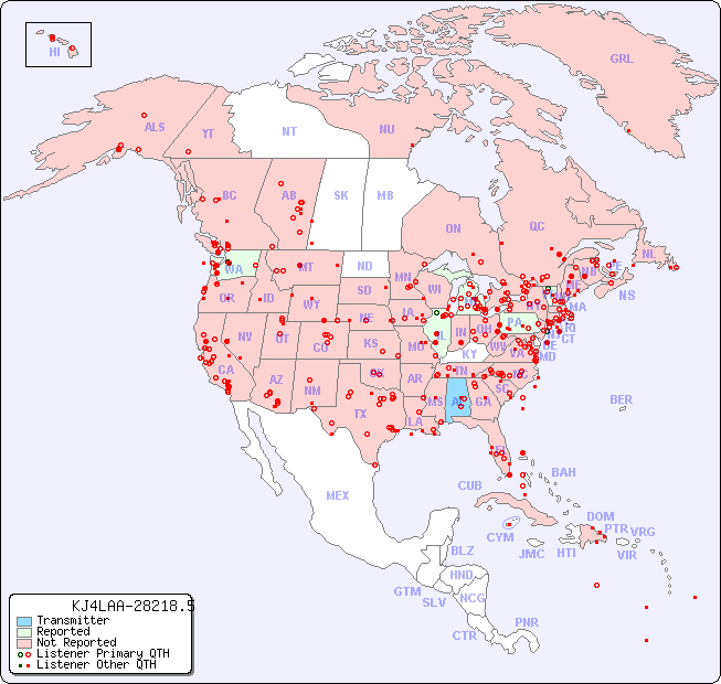 North American Reception Map for KJ4LAA-28218.5