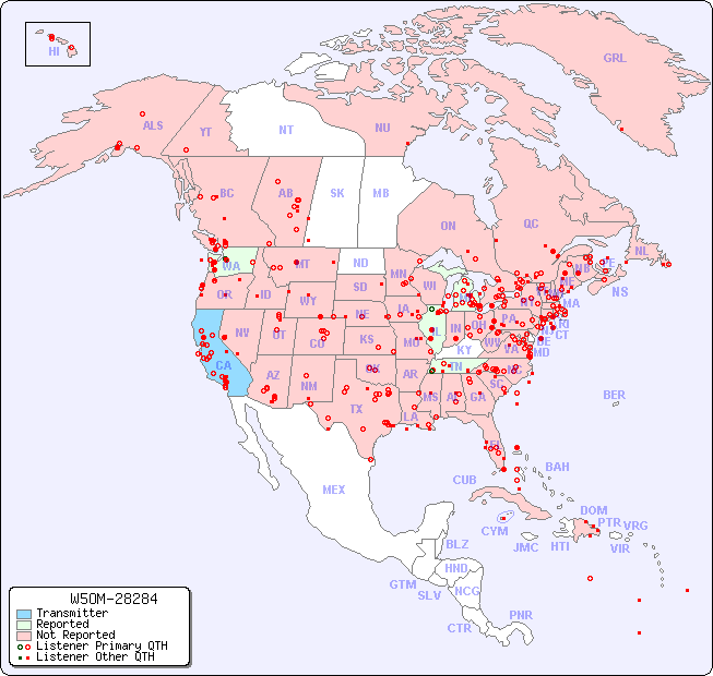 North American Reception Map for W5OM-28284