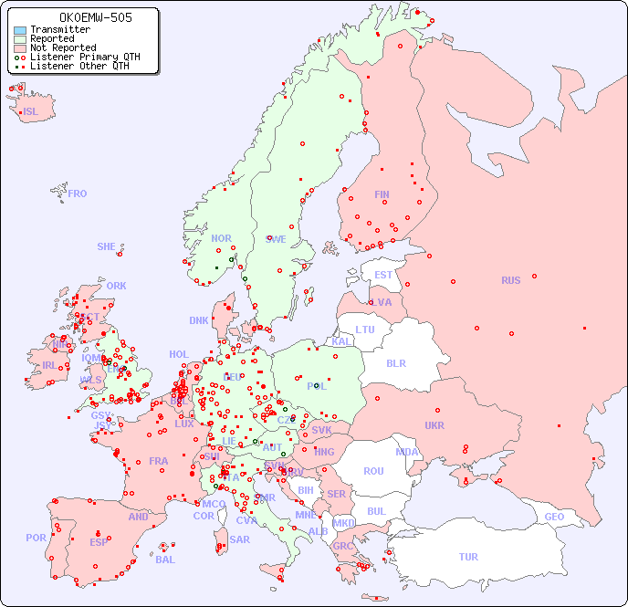 European Reception Map for OK0EMW-505