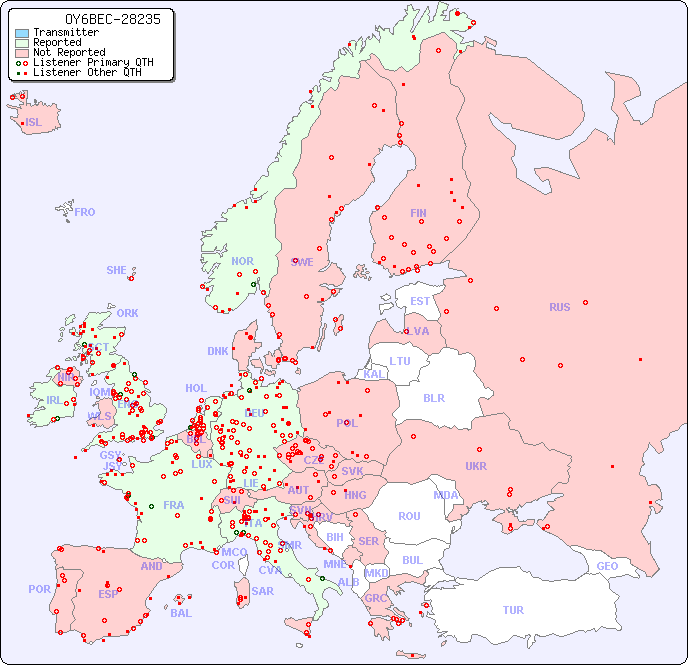 European Reception Map for OY6BEC-28235