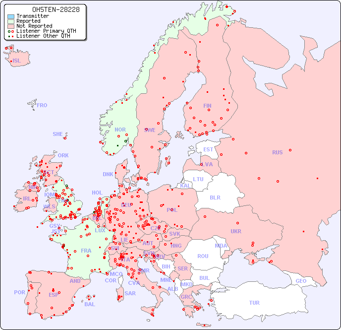 European Reception Map for OH5TEN-28228