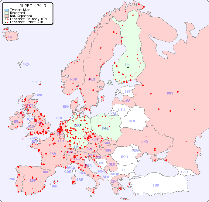 European Reception Map for DL2BZ-474.7